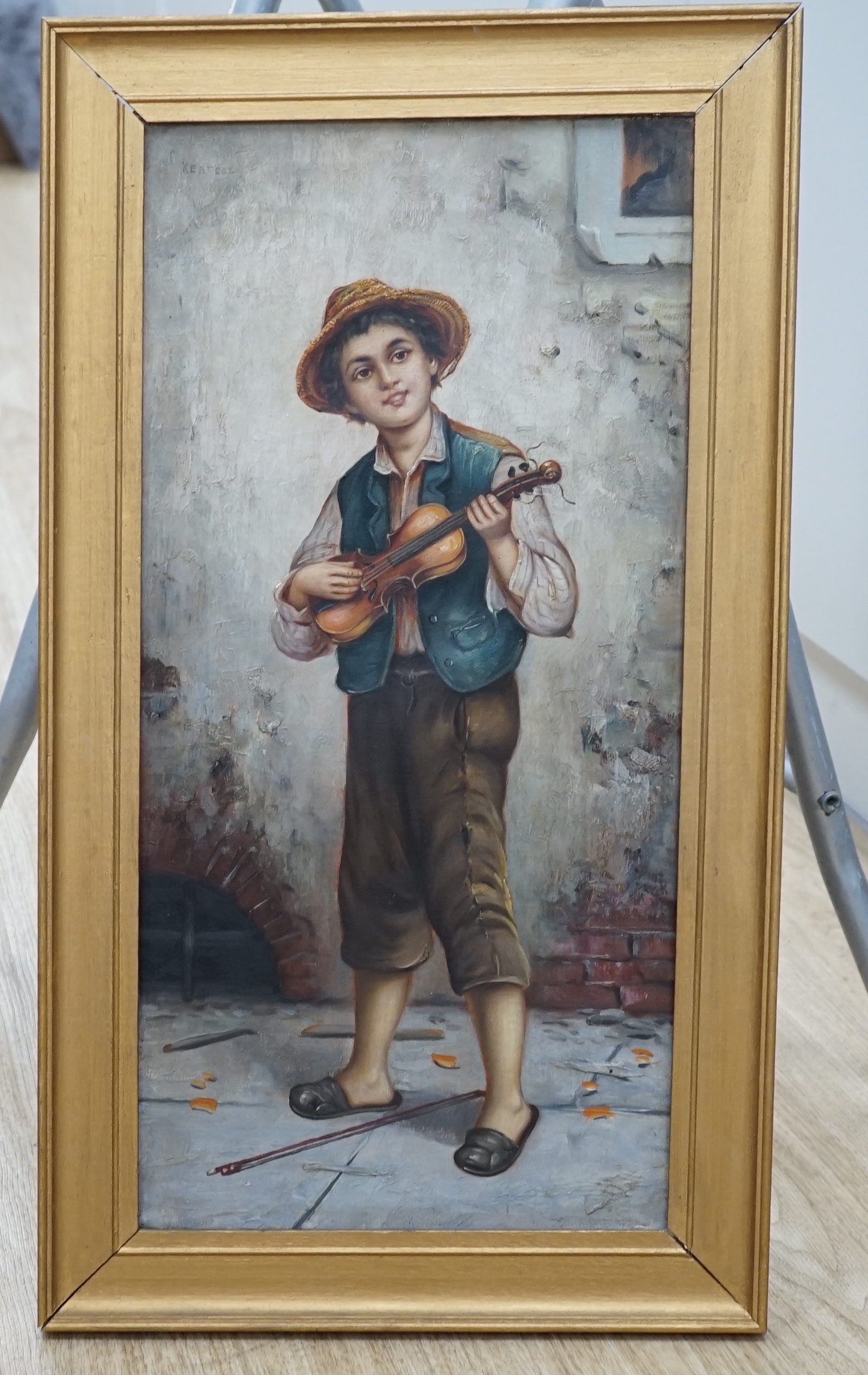 Kertesz, oil on canvas, Street urchin playing a violin, signed, 52 x 25cm
